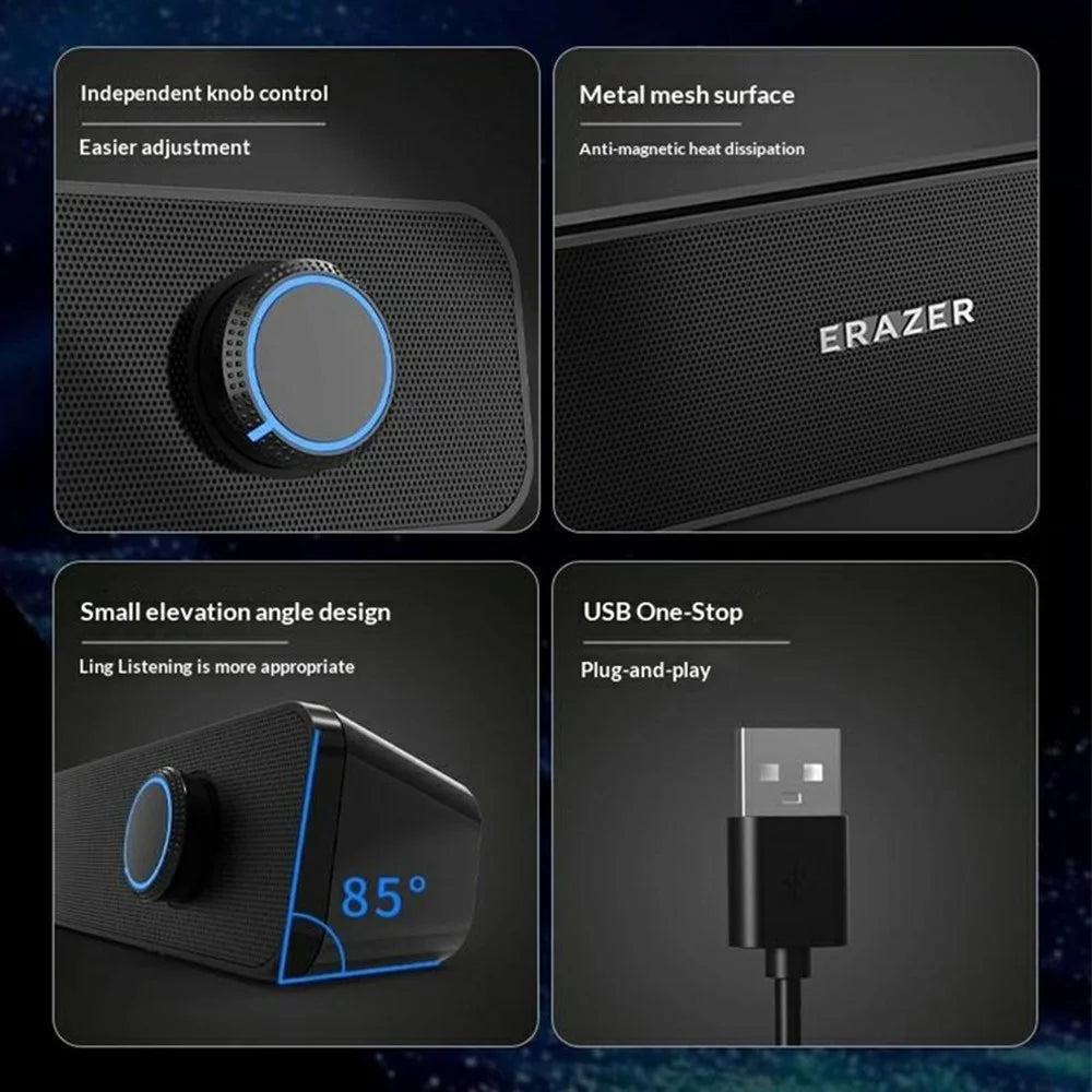 ERAZER A120 Desktop Wired Bluetooth-compatible Speaker 6W Dual Channel USB Plug Play Speaker for PC Gaming (Invested By Lenovo) - Black - 6