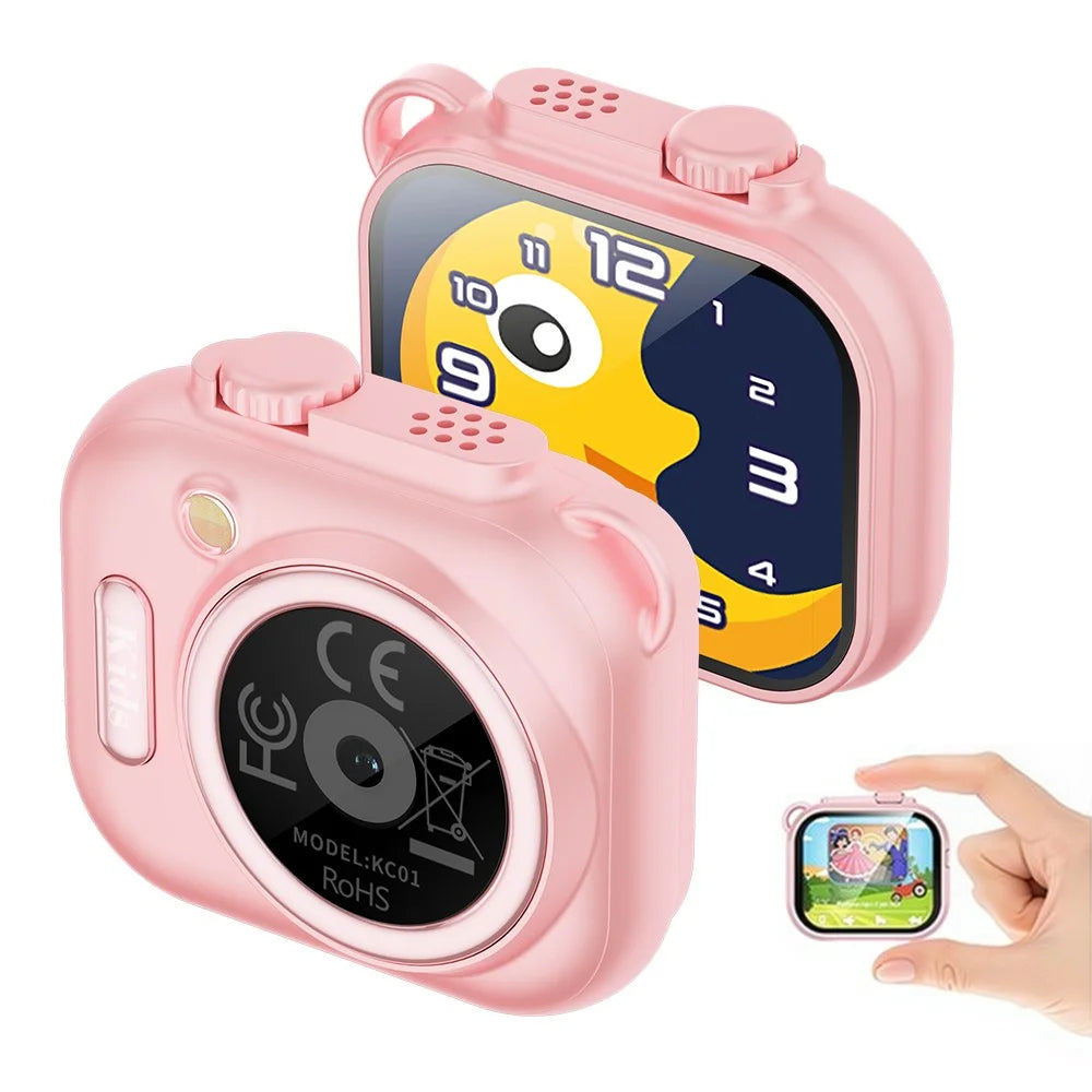 KC01 Kids Camera Toy with 1.85 Inch Screen 16X Zoom Mini Camera Built-in Games Music Stories for Boys Girls - Pink - 1