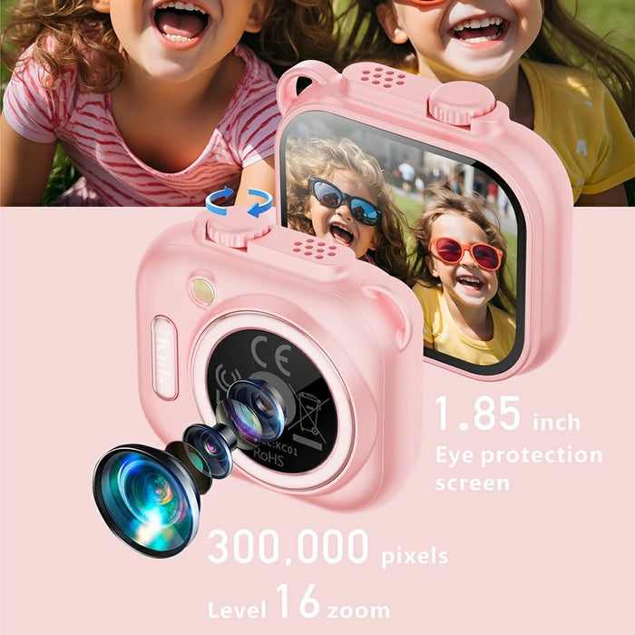 KC01 Kids Camera Toy with 1.85 Inch Screen 16X Zoom Mini Camera Built-in Games Music Stories for Boys Girls - Pink - 4