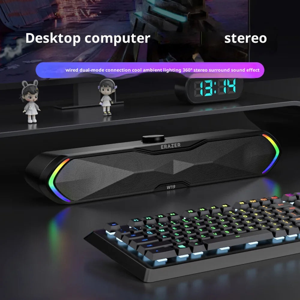 ERAZER W19 USB Wired/Bluetooth-compatible 5.3 Dual Mode Desktop Speaker 6W RGB Gaming Soundbar for PC Laptop - Black - 2