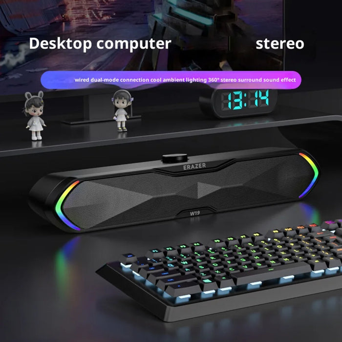 ERAZER W19 USB Wired/Bluetooth-compatible 5.3 Dual Mode Desktop Speaker 6W RGB Gaming Soundbar for PC Laptop - Black - 2