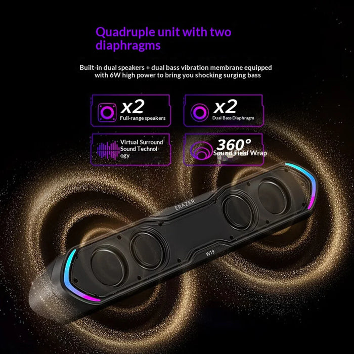 ERAZER W19 USB Wired/Bluetooth-compatible 5.3 Dual Mode Desktop Speaker 6W RGB Gaming Soundbar for PC Laptop - Black - 4