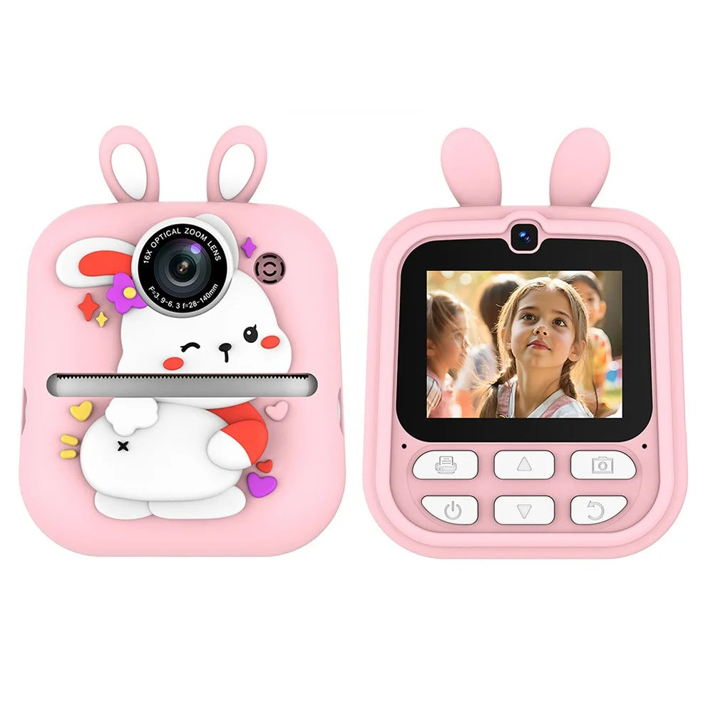 Q23 Kids Instant Printing Camera 2.4 Inch IPS Screen 48MP Dual Camera System 16X Zoom Camera Toy for Children - Rabbit Pink - 1