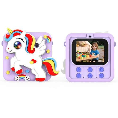 M07 2.4 Inch Kids Instant Printing Camera Dual HD Camera System Cartoon Style Thermal Printing Camera Toy for Children Photography - Unicorn Purple - 1