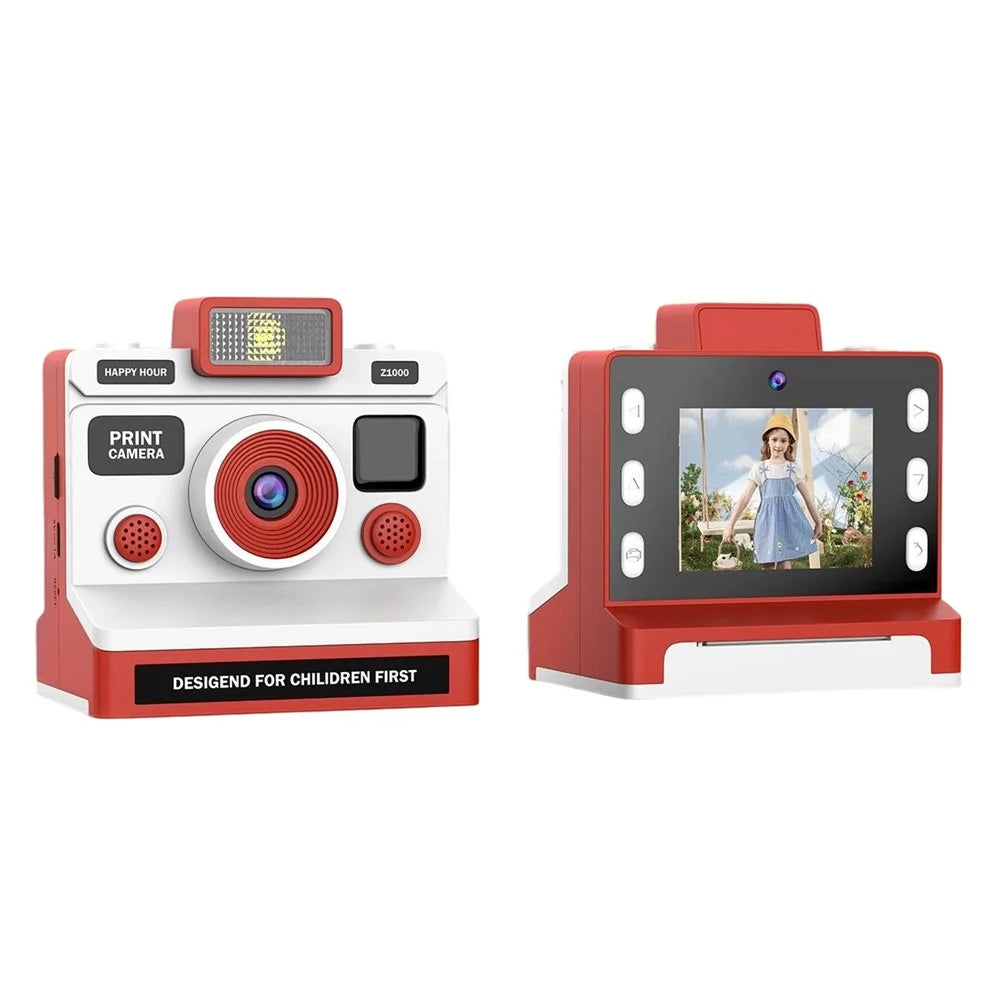 Z1000 Kids 2.8 Inch Instant Printing Camera with 32GB Card and Card Reader Dual Lens HD Photo Video Thermal Printer Camera Toy - Red - 1