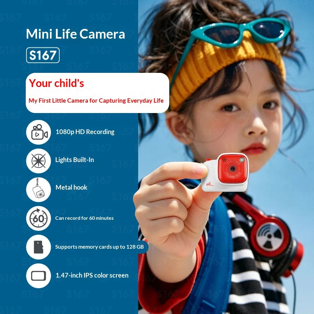 S167 Mini 2MP 1080P HD Digital Camera for Kids Photography with LED Flash and Lanyard, without TF Card - White - 2