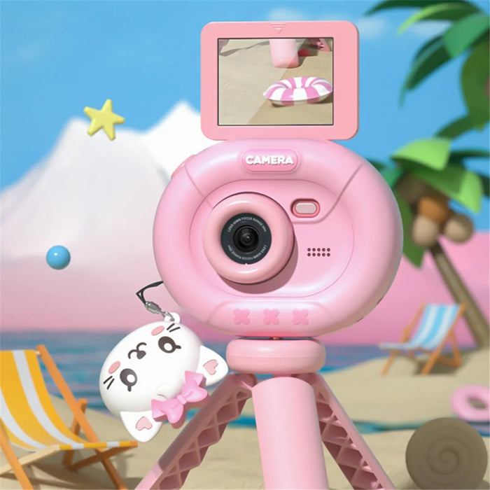 K62 2.4" Flip-Up HD Screen Kids Camera with Tripod Stand, Lanyard Portable Mini Camera for Taking Photos, Videos - Cat - 2