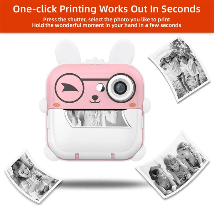 Q5 2.4 Inch Kids Camera Cartoon Design Instant Print Photo Mini Digital Video Camera - Pink Rabbit - 2