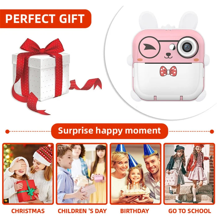 Q5 2.4 Inch Kids Camera Cartoon Design Instant Print Photo Mini Digital Video Camera - Pink Rabbit - 4