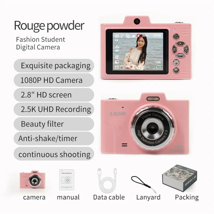 H8S 2.8 Inch IPS Screen Digital Camera HD Dual Lens Video Recording CCD Camera without TF Card - Pink - 2