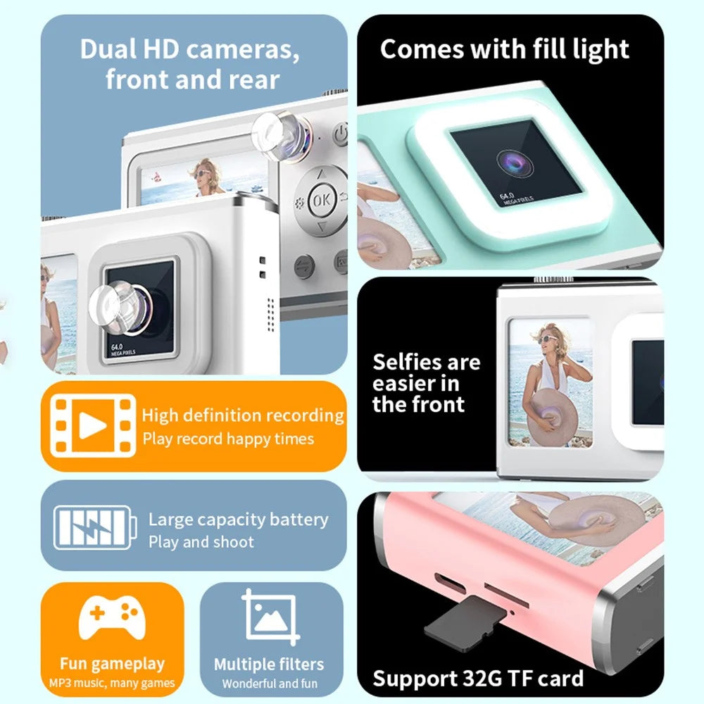 Y23 2.4 Inch HD Screen Dual Lens Video Recording CCD Digital Camera with 32G TF Card + Card Reader - Pink - 3