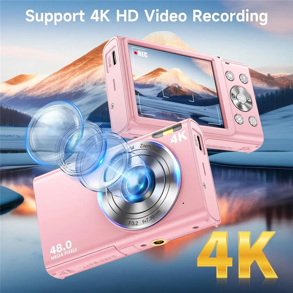 DC402-AF-4K Auto Focus 4K Digital Camera for Kids 16X Digital Zoom Anti-Shake Webcam with LED Fill Light - Light Pink - 6