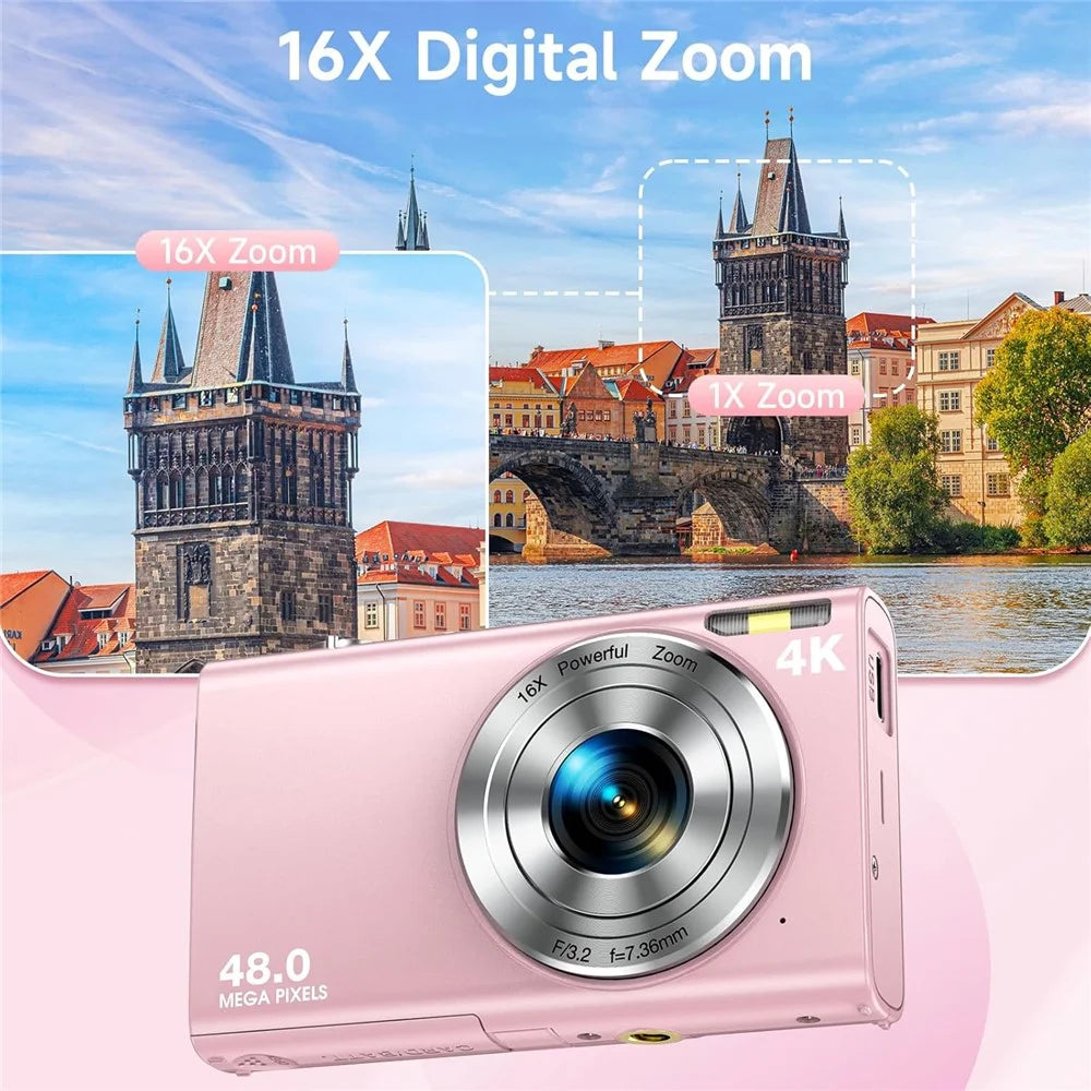 DC402-AF-4K Auto Focus 4K Digital Camera for Kids 16X Digital Zoom Anti-Shake Webcam with LED Fill Light - Light Pink - 7