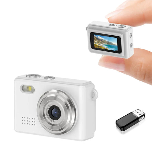 DC23 Mini Digital Camera 0.96 Inch Screen CCD HD Video Recorder for Students, with 32GB Memory Card + Card Reader - White - 1