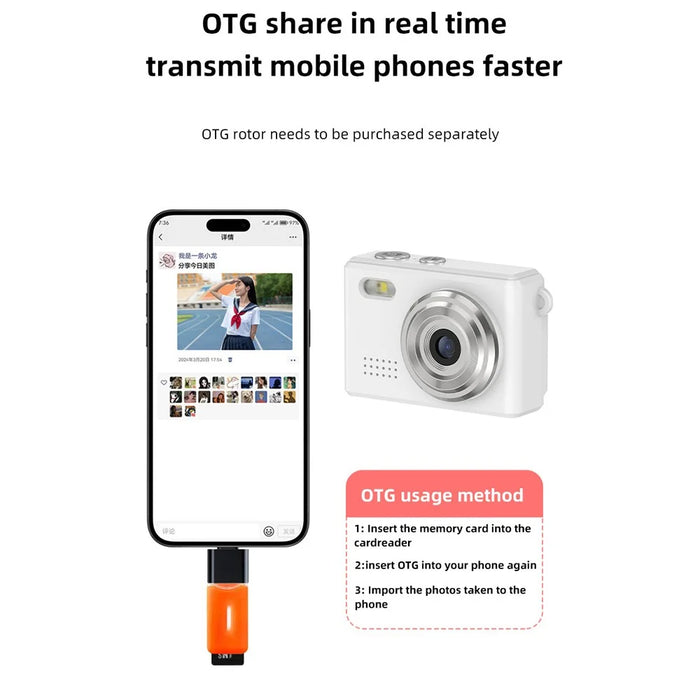 DC23 Mini Digital Camera 0.96 Inch Screen CCD HD Video Recorder for Students, with 32GB Memory Card + Card Reader - White - 6