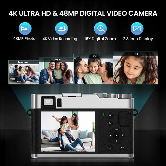 DC202L-AF Retro 4K Selfie Camera Photoflash Light Digital Camera for Kids Teens - Black - 2