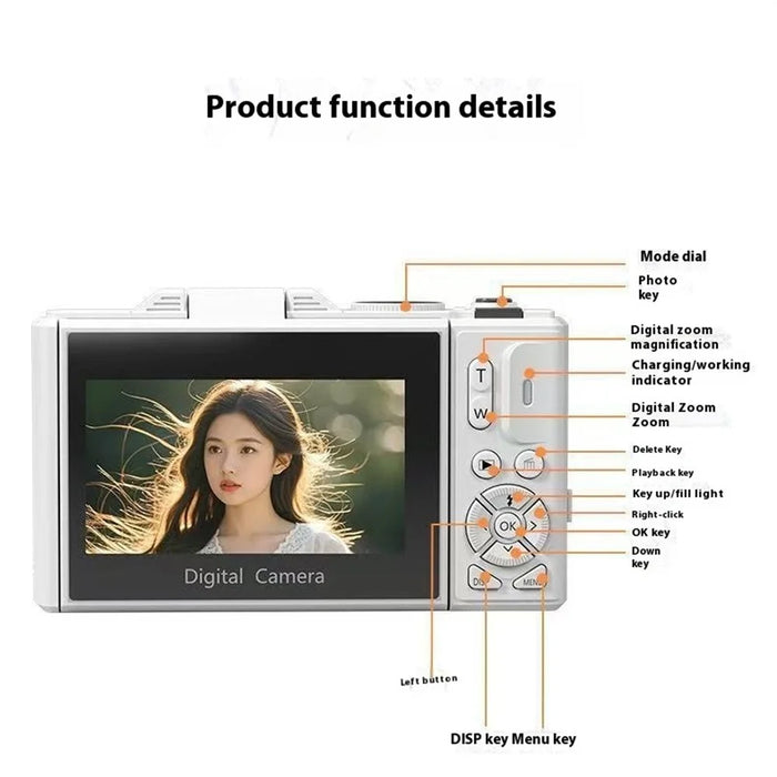 WD08 3.0 Inch HD Flip Screen Digital Camera 5K Video Recorder with 32GB Card (Single Battery) - White - 6
