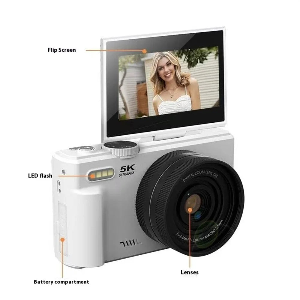 WD08 3.0 Inch HD Flip Screen Digital Camera 5K Video Recorder with 32GB Card (Dual Battery) - White - 7