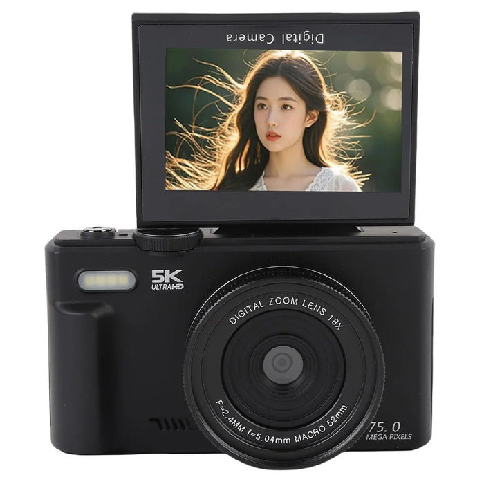 WD08-B-5K WiFi UHD Digital Camera 5K 75MP 18X Digital Zoom 3 Inch Flip Screen Camcorder with Built-In Flash - Black - 1