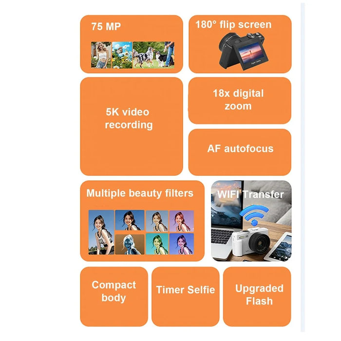 WD08-B-5K WiFi UHD Digital Camera 5K 75MP 18X Digital Zoom 3 Inch Flip Screen Camcorder with Built-In Flash - Black - 2