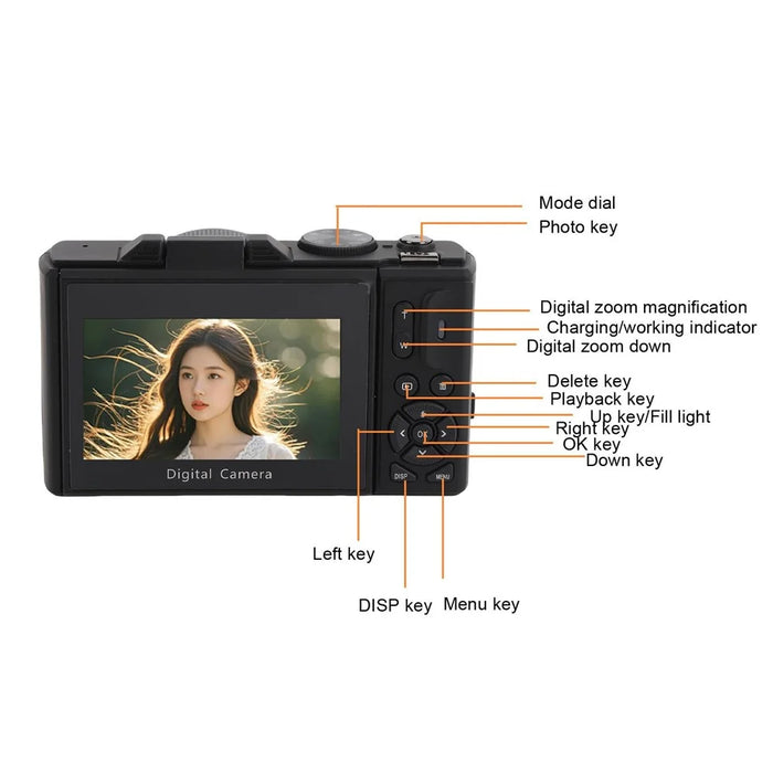 WD08-B-5K WiFi UHD Digital Camera 5K 75MP 18X Digital Zoom 3 Inch Flip Screen Camcorder with Built-In Flash - Black - 5