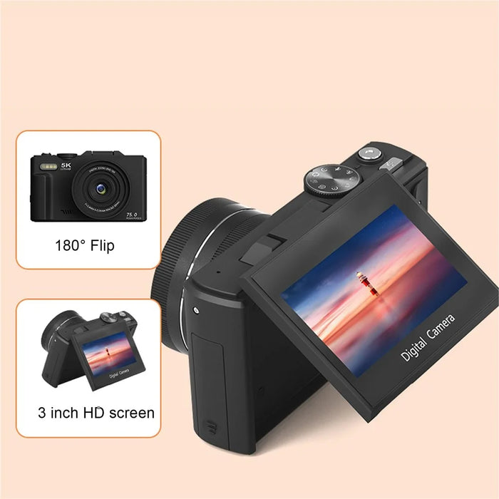 WD08-B-5K WiFi UHD Digital Camera 5K 75MP 18X Digital Zoom 3 Inch Flip Screen Camcorder with Built-In Flash - Black - 6