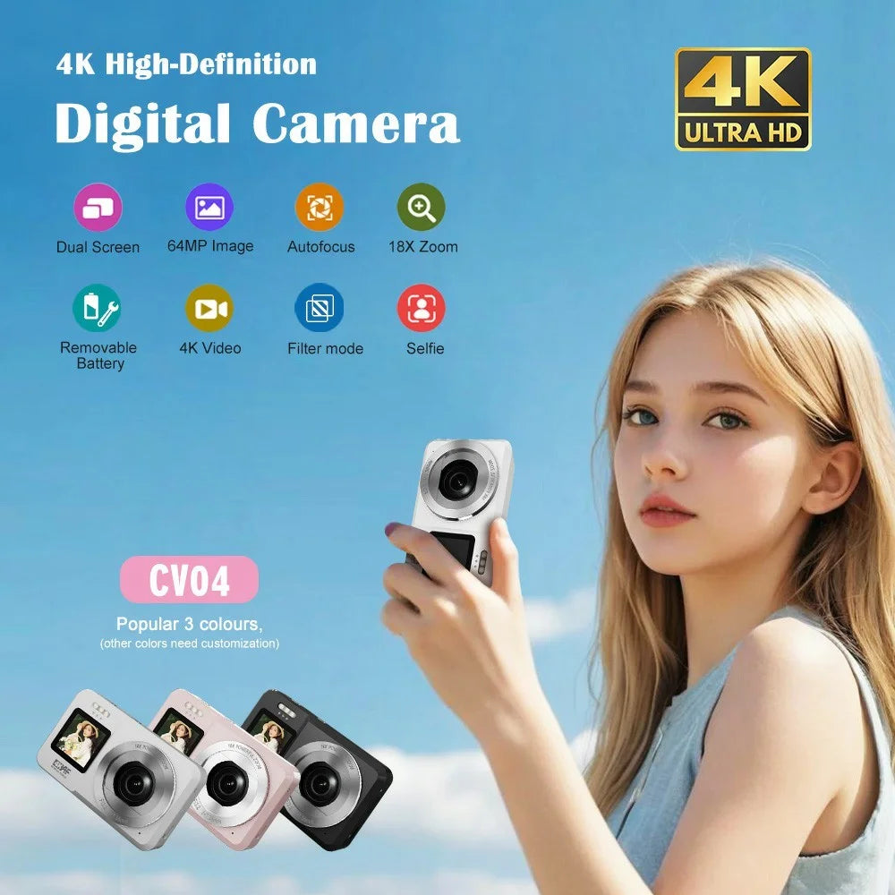 CV04 Portable Digital Camera Dual Screen HD Video Recording CCD Auto Focus Camera with 32G Card + Card Reader - White - 2