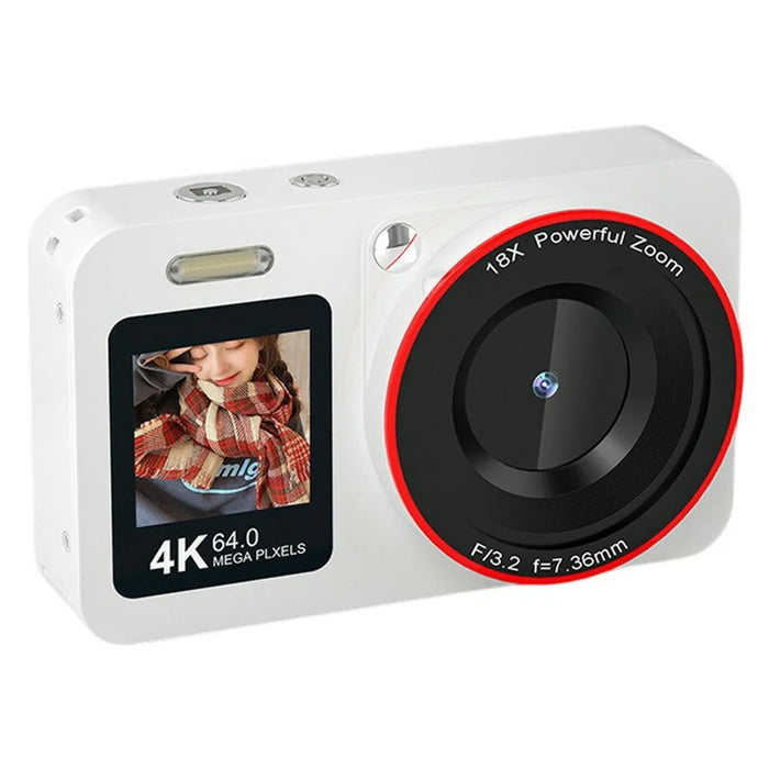 CV01 Digital Camera 2.8 Inch Rear + 1.4 Inch Front Dual Screen 4K Ultra HD 64MP CCD Video Recorder, with 32GB Card + Card Reader - White - 1