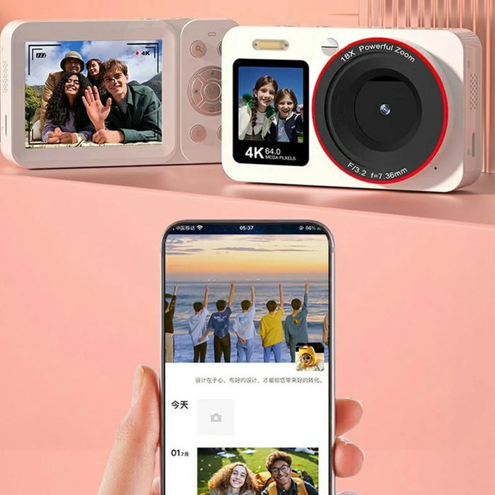 CV01 Digital Camera 2.8 Inch Rear + 1.4 Inch Front Dual Screen 4K Ultra HD 64MP CCD Video Recorder, with 32GB Card + Card Reader - White - 5