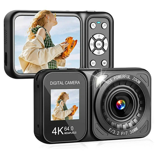 CV02 Digital Camera 2.8 + 1.4 Inch Dual Screen 4K Video Recorder 18X Digital Zoom 64MP CCD, with 32GB Card + Card Reader - 1