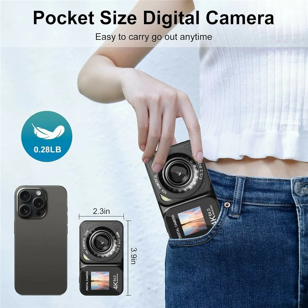 CV02 Digital Camera 2.8 + 1.4 Inch Dual Screen 4K Video Recorder 18X Digital Zoom 64MP CCD, with 32GB Card + Card Reader - 4
