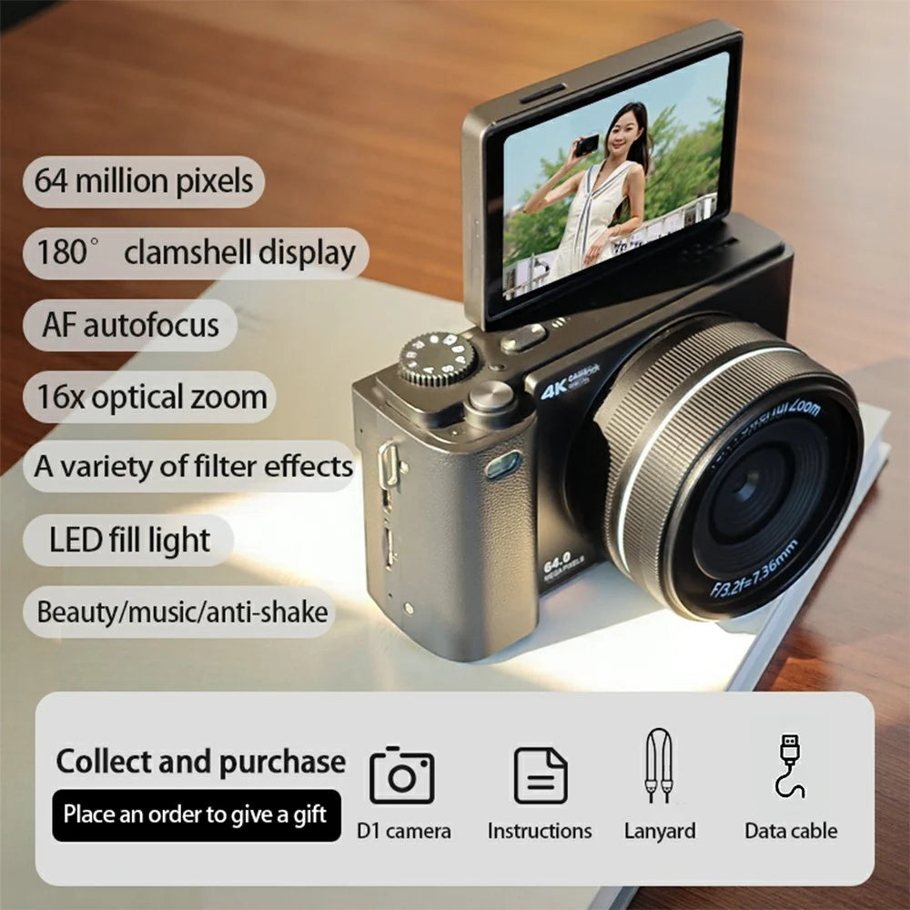 D1 2.8 Inch Flip Screen Portable Digital Camera 16X Zoom 4K UHD 64MP Video Recording Cam - Black - 3