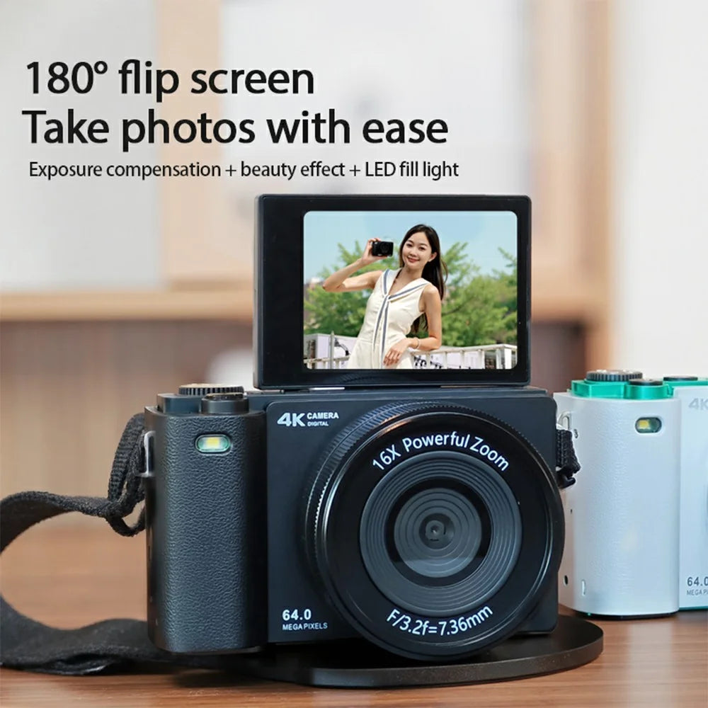 D1 2.8 Inch Flip Screen Portable Digital Camera 16X Zoom 4K UHD 64MP Video Recording Cam - Black - 4
