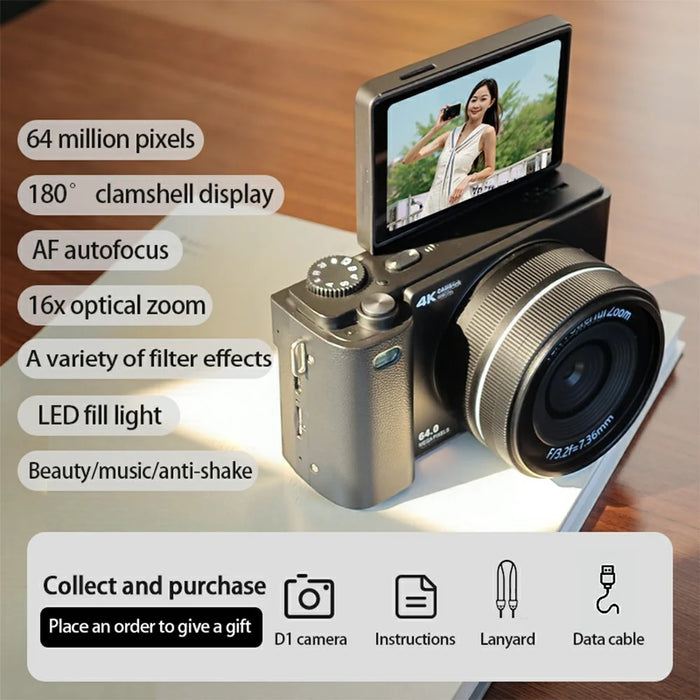D1 2.8 Inch Flip Screen Portable Digital Camera 16X Zoom 4K UHD 64MP Video Recording Cam, with 32GB Card + Card Reader - Black - 3