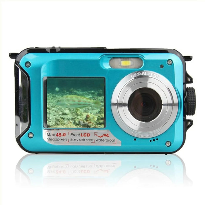 WP06 1.8 Inch Front + 2.7 Inch Rear Dual Screen 48MP 2.7K HD Digital Camera for 3m Underwater Photography, with 32GB Card - Blue - 1