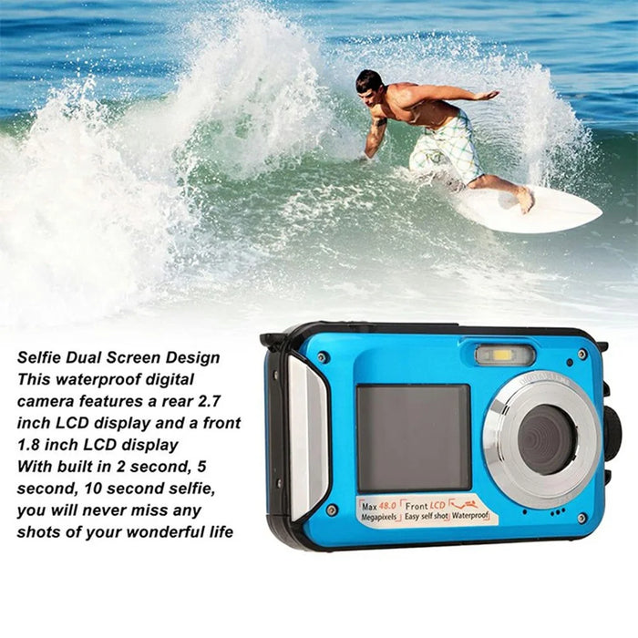 WP06 1.8 Inch Front + 2.7 Inch Rear Dual Screen 48MP 2.7K HD Digital Camera for 3m Underwater Photography, with 32GB Card - Blue - 2