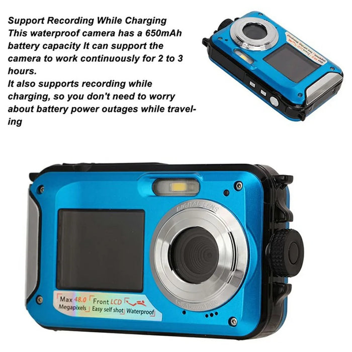 WP06 1.8 Inch Front + 2.7 Inch Rear Dual Screen 48MP 2.7K HD Digital Camera for 3m Underwater Photography, with 32GB Card - Blue - 3