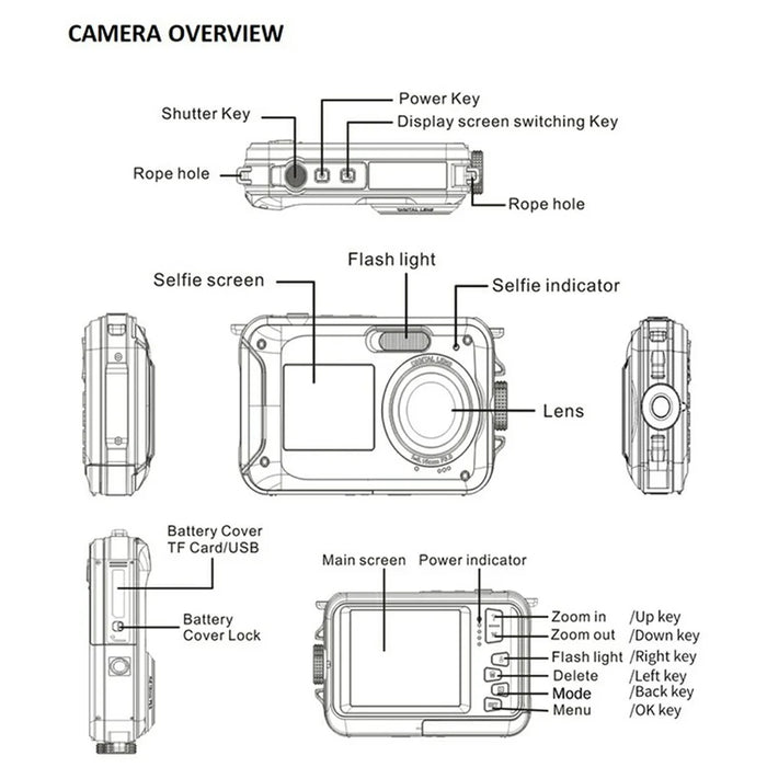 WP06 1.8 Inch Front + 2.7 Inch Rear Dual Screen 48MP 2.7K HD Digital Camera for 3m Underwater Photography, with 32GB Card - Blue - 6