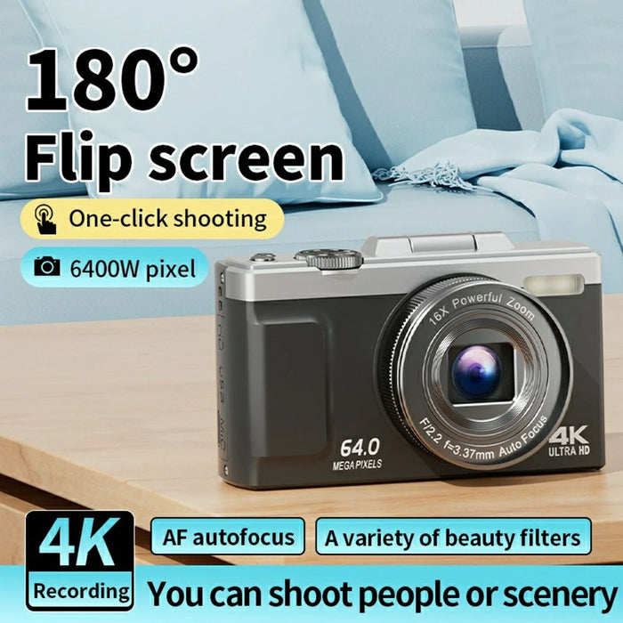 M25 3.0 Inch Flip Screen 4K 64MP Portable Digital Camera HD Video Recording CCD, with 32GB Card + Card Reader - 3