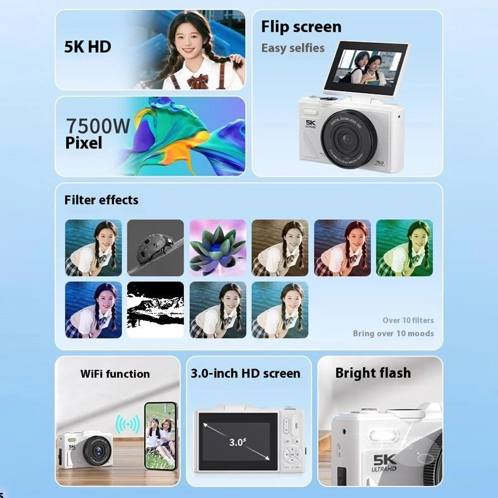 W1 3.0 Inch Flip Screen 18X Digital Zoom Digital Camera 5K Video Recorder with LED Flash - Black - 4