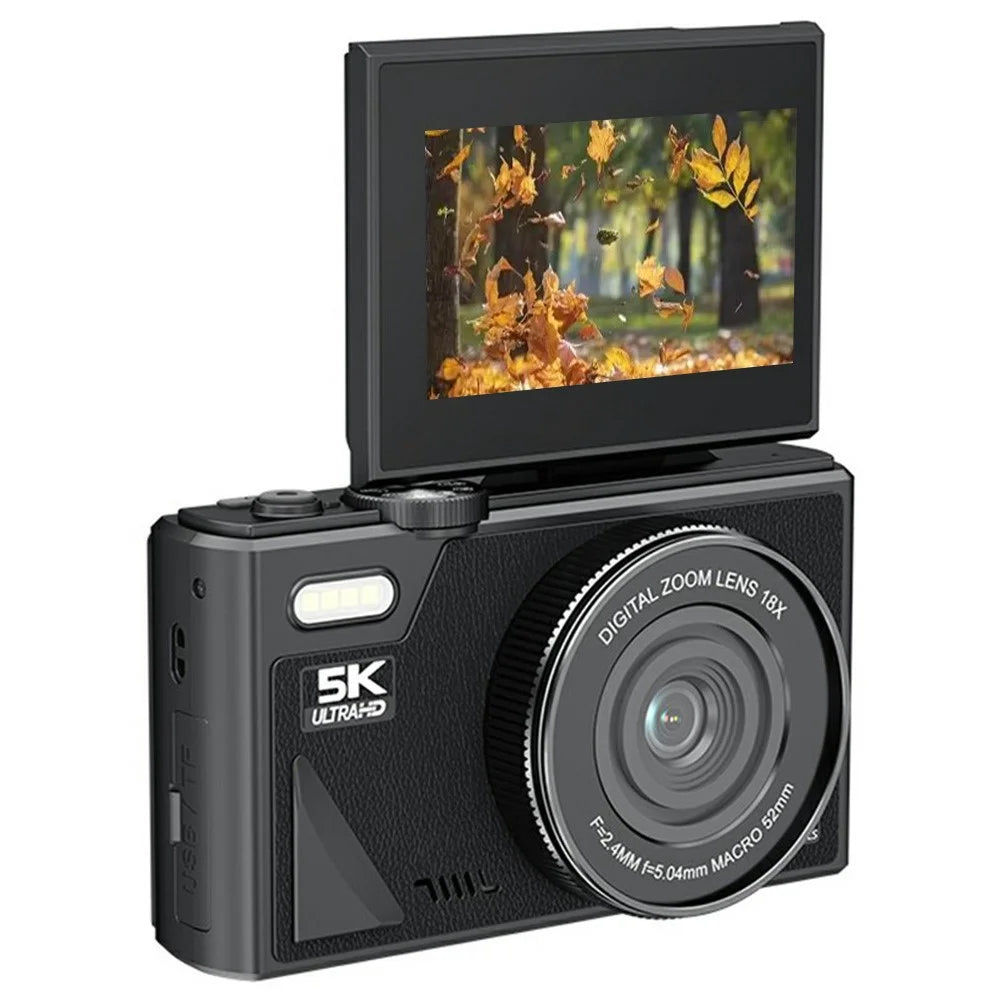 W1 3.0 Inch Flip Screen 18X Digital Zoom Digital Camera 5K Video Recorder with LED Flash, with 32GB Card + Card Reader - Black - 1