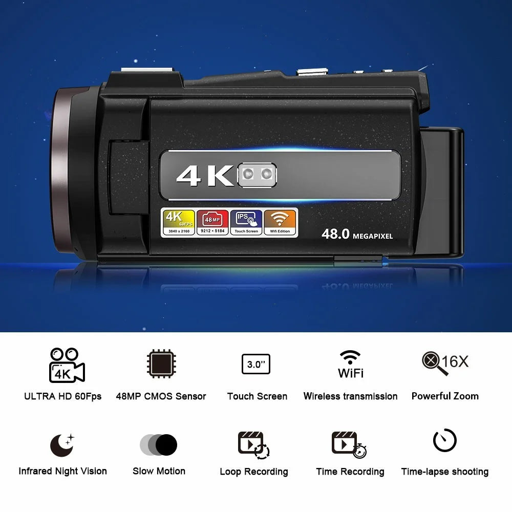 HDV-254KM 3.0 Inch Touch Screen 4K Digital Video Camera Ultra HD 48MP 16X Zoom IR Night Vision Cam - 4
