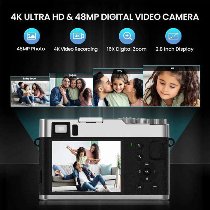 DC202L-AF Retro 4K Selfie Camera Photoflash Light Digital Camera with 32G TF Card for Kids Teens - Black - 2