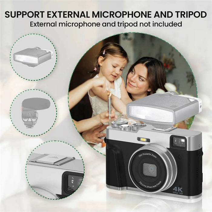 DC202L-AF Retro 4K Selfie Camera Photoflash Light Digital Camera with 32G TF Card for Kids Teens - Black - 6