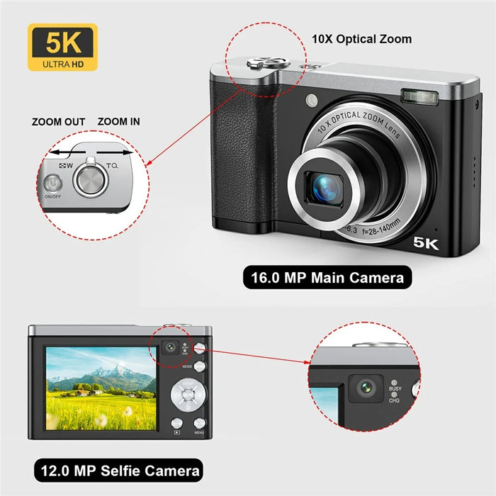 DC305X Digital Camera 5X Optical Zoom Anti Shake HD Dual Lens 5K Video Recorder, with 32GB Card - White / EU Plug - 7