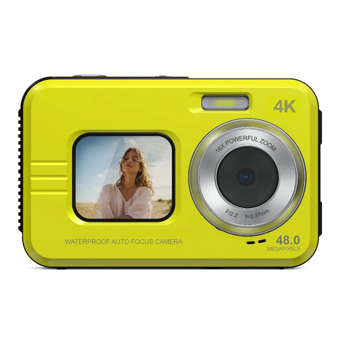 WDC901 For Outdoor Sports 4K Video Recorder 48MP Auto Focus HD Dual Screen Waterproof Digital Camera, with 32GB Card - Yellow - 1