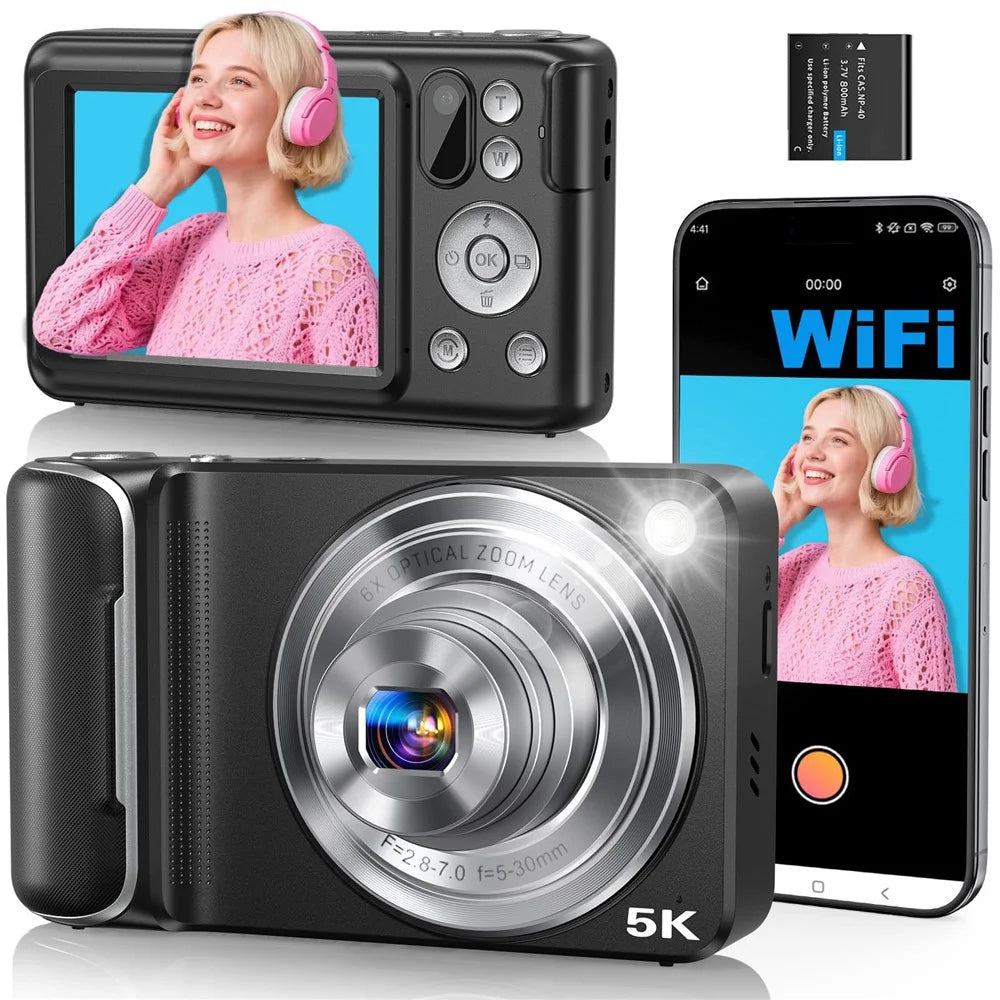 DC309X Digital Camera 6X Optical Zoom High Definition Dual Camera Mini Camcorder for Students  /  Selfie - Black  /  US Plug - 1