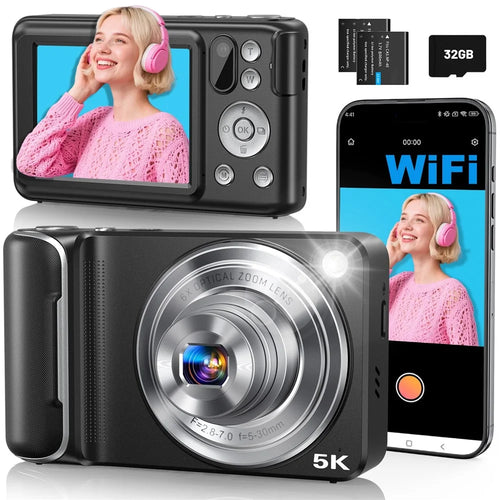 DC309X 6X Optical Zoom Mini Selfie Digital Camera HD Dual Lens 5K Video Recorder with 32GB Card + 2 Batteries - Black / US Plug - 1