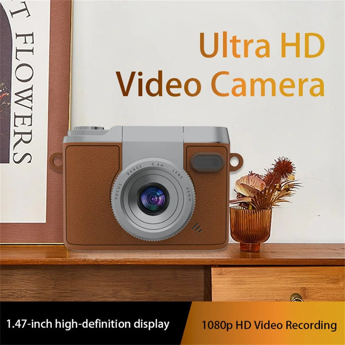 DM20 Auto Focus Mini Digital Camera 1.47 Inch HD Screen Flip Lens Video Recording CCD for Students - Brown - 4