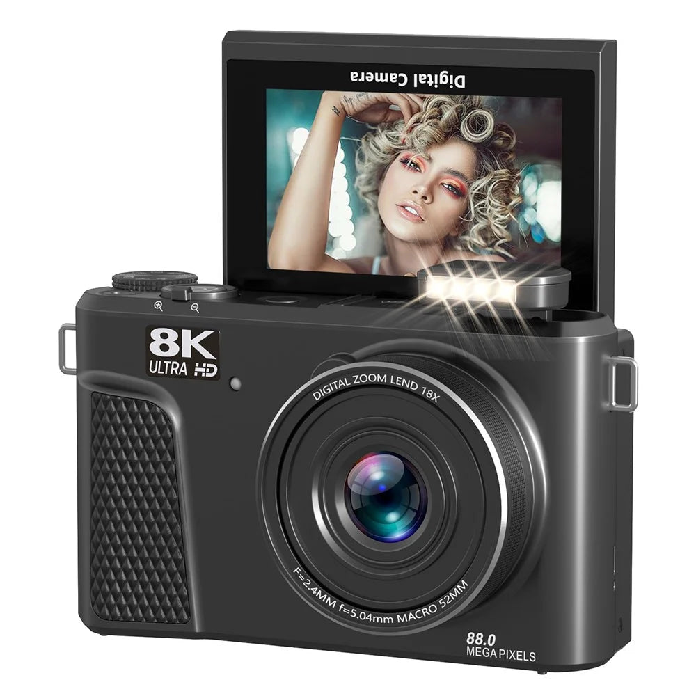 WD300-8K 88MP 8K Digital Camera MAX 18X Zoom Autofocus WiFi Travel Camera with 3 inch Flip Screen Multi Filter - Black - 1